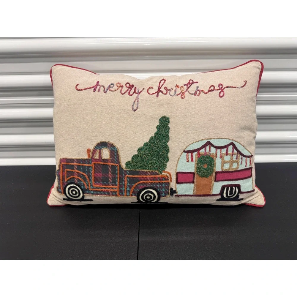 Merry Christmas Camper Truck Embroidered Throw Pillow Down Feather Fill Red